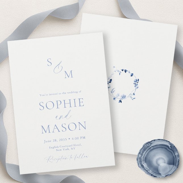 Minimal Dusty Blue Floral Wreath Wedding Invitation (Creator Uploaded)