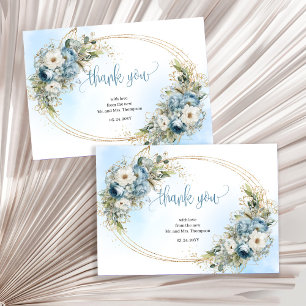Minimal Dusty Blue Gold Wedding thank you card