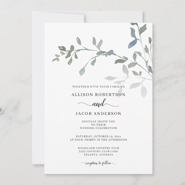 Minimal Dusty Blue Green Watercolor Floral Wedding Invitation (Front)