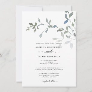 Minimal Dusty Blue Green Watercolor Floral Wedding Invitation