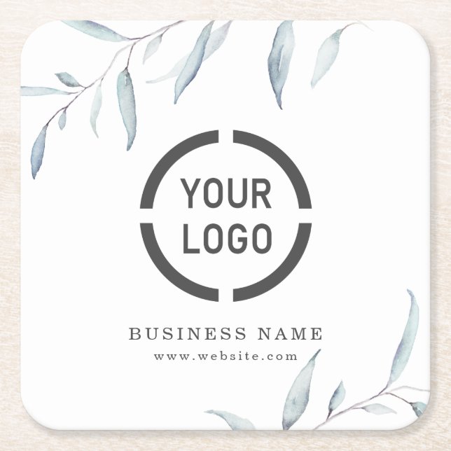 Minimal dusty blue greenery branded business logo square paper coaster (Front)