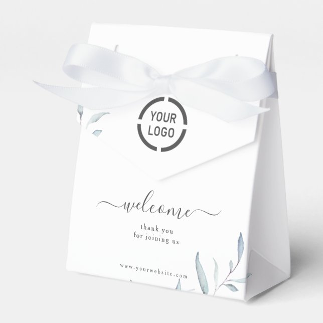 Minimal dusty blue greenery business logo welcome favour box (Front Side)