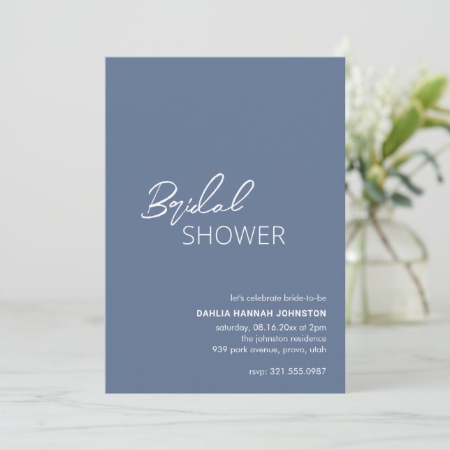 Minimal Dusty Blue Modern Bridal Shower Invitation (Standing Front)