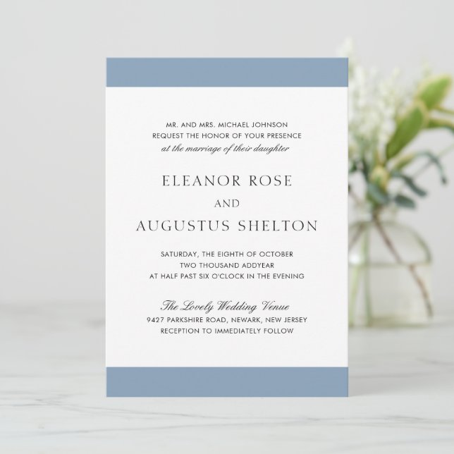 Minimal Dusty Blue Modern Elegant Wedding Invitation (Standing Front)