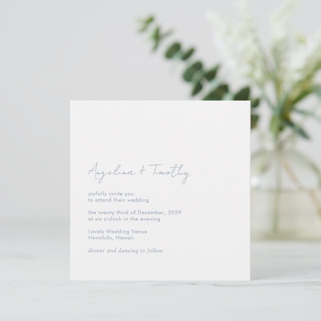 Minimal Dusty Blue Modern Elegant Wedding Invitation (Standing Front)