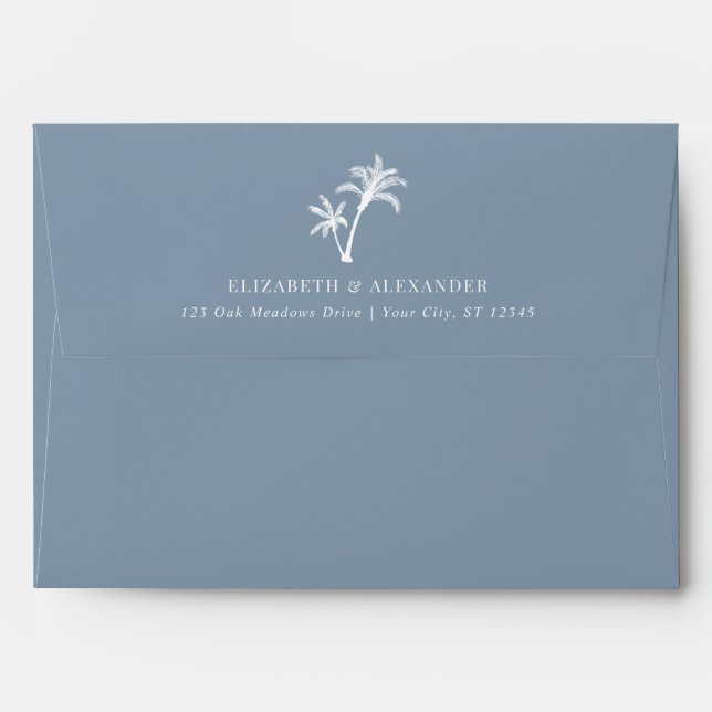 Minimal Dusty Blue Palm Trees Beach Wedding Envelope (Back (Top Flap))