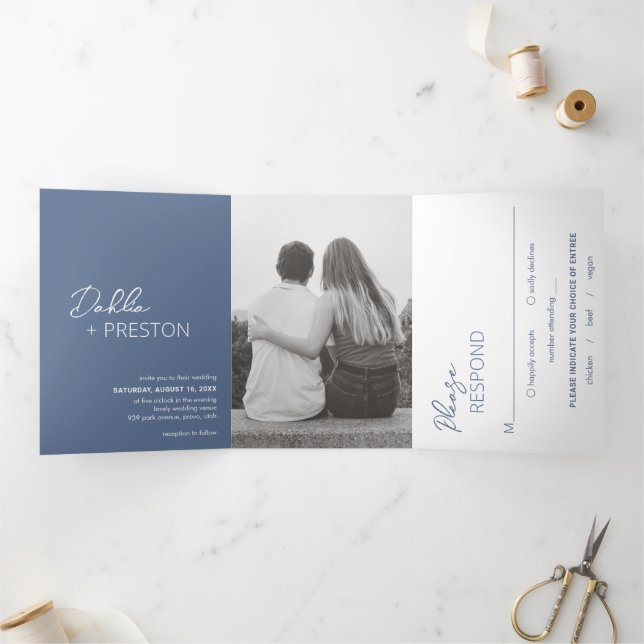 Minimal Dusty Blue Photo Modern Wedding Tri-Fold Invitation (Inside)