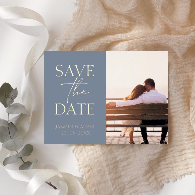Minimal Dusty Blue Photo Wedding Save the Date Foil Holiday Postcard (Creator Uploaded)