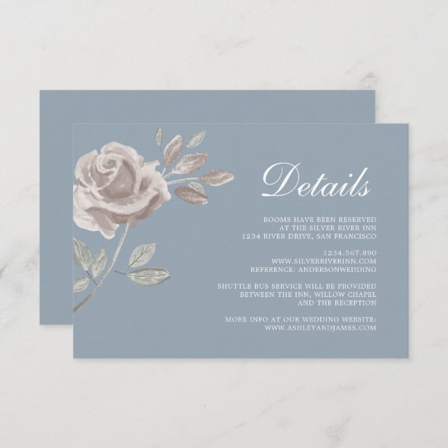 Minimal Dusty Blue Rose Wedding Details Enclosure Card (Front/Back)
