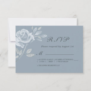 Minimal Dusty Blue Rose Wedding RSVP Card