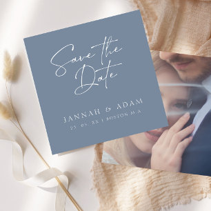 Minimal Dusty Blue Script Typography Photo Wedding Save The Date