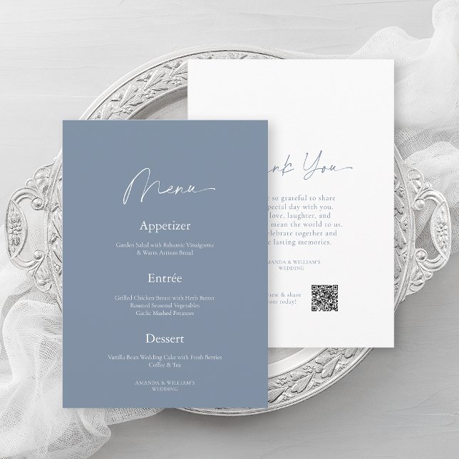 Minimal Dusty Blue Wedding Menu & Thank You Card (Creator Uploaded)