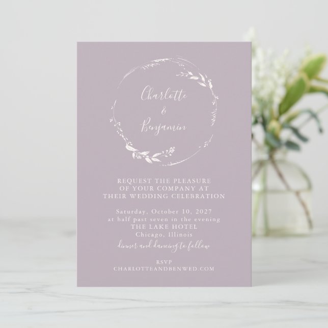 Minimal Dusty Lilac Floral Wreath Script Wedding Invitation (Standing Front)