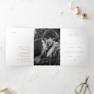 Minimal Dusty Rose Monogram Photo Modern Wedding Tri-Fold Invitation