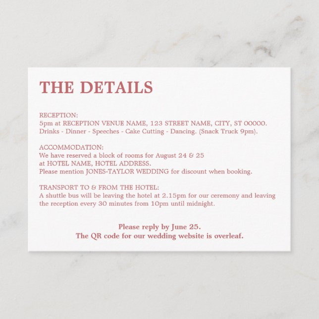 Minimal Dusty Rose Pink QR Code Details Enclosure Card (Front)