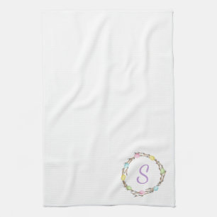 Minimal Easter Wreath Monogram And Easter Eggs Tea Towel