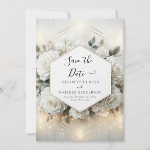 Minimal Editable White Roses Wedding Save The Date