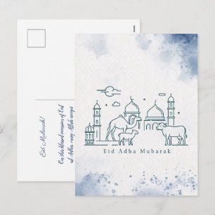 Minimal Eid al Adha Mosque and Animals Line Art  Holiday Postcard