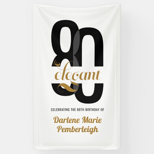 Minimal Eighty & Elegant Black Gold 80th Birthday Banner (Vertical)