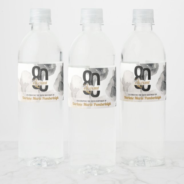 Minimal Eighty & Elegant Black Gold 80th Birthday Water Bottle Label (Bottles)