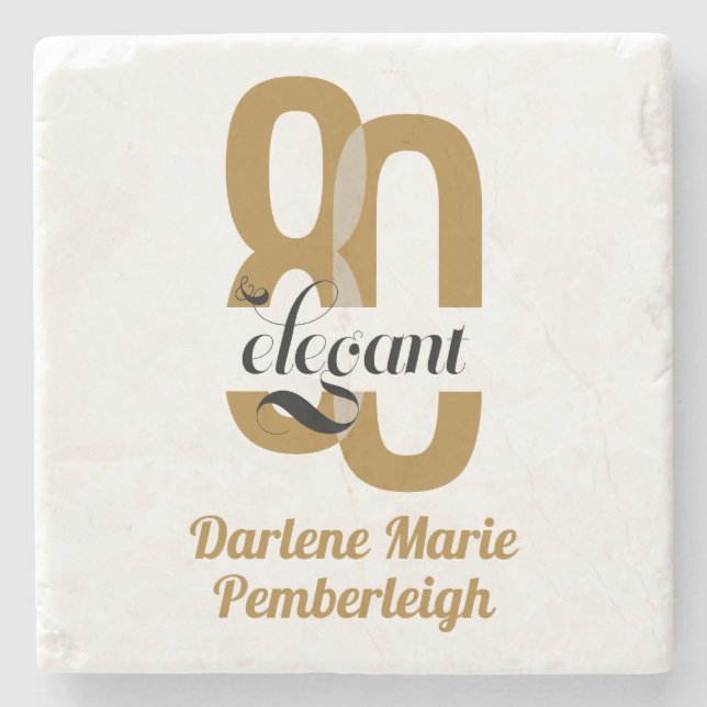 Minimal Eighty & Elegant Gold Black 80th Birthday Stone Coaster (Front)