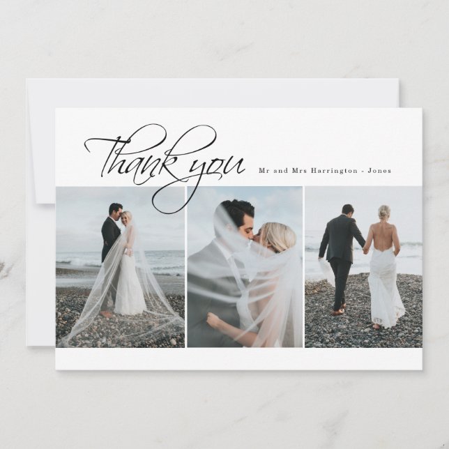 Minimal Elegant 3 Photo Wedding Thank You Card (Front)