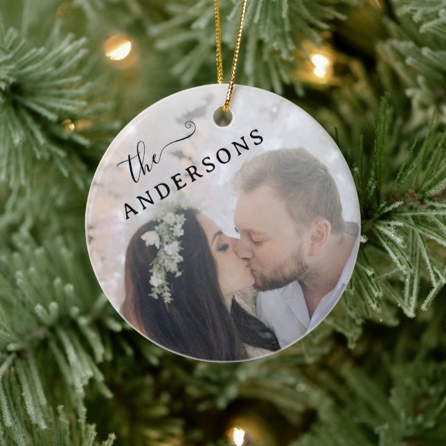 Minimal Elegant Angled Newlywed Photo Ceramic Tree Decoration (Tree)