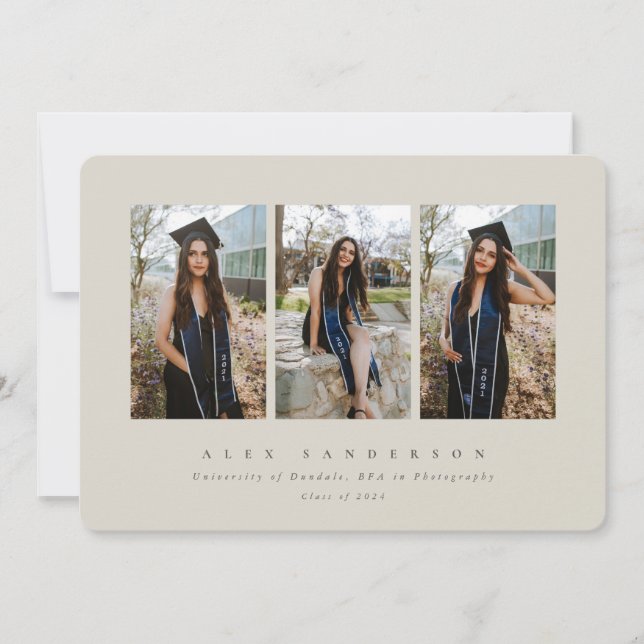 Minimal Elegant Beige Triple Photo Graduation Announcement (Front)