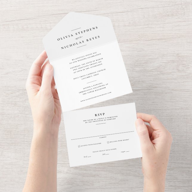Minimal elegant black and white wedding all in one invitation (Tearaway)