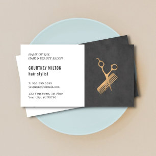 Minimal Elegant Black Faux Gold Hair Stylist Business Card