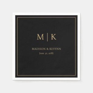 Minimal & Elegant Black & Gold Monogram Wedding Napkin