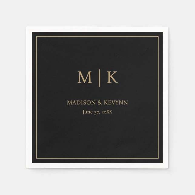 Minimal & Elegant Black & Gold Monogram Wedding Napkin (Front)