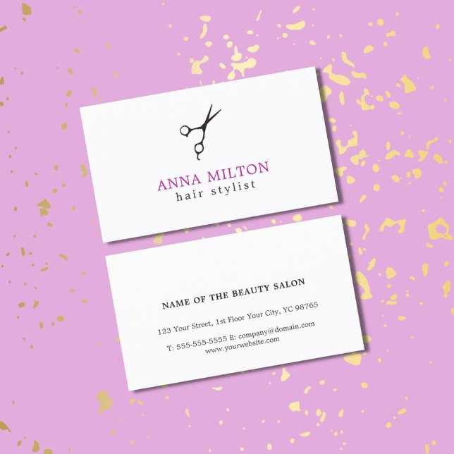 Minimal Elegant Black Scissor Purple Hair Stylist Business Card (Creator Uploaded)