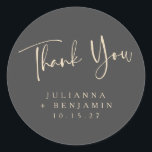 Minimal Elegant Black Script Wedding Personalised Classic Round Sticker<br><div class="desc">Modern Elegant Black and Beige Wedding Personalised Thank You Classic Round Sticker</div>