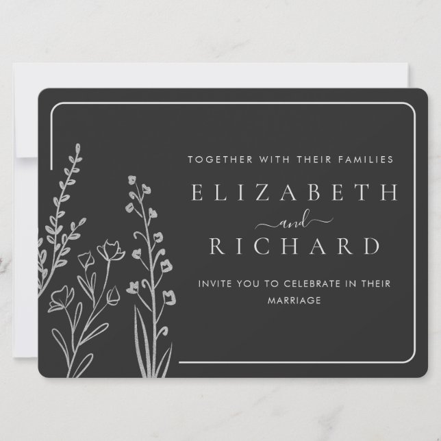 Minimal Elegant Black Silver Wildflower Wedding Invitation (Front)