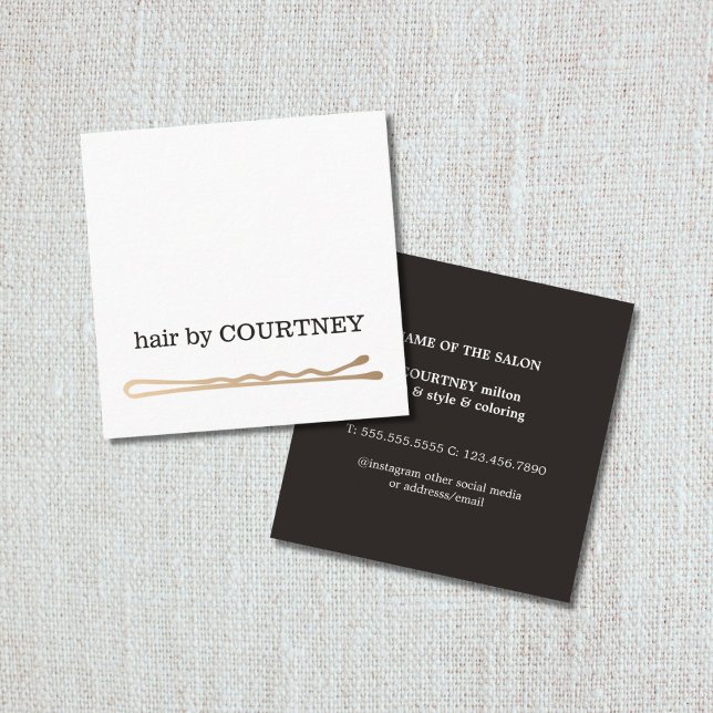 Minimal Elegant Black White Faux Gold Bobby Pin Square Business Card (Creator Uploaded)