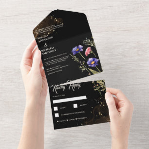 Minimal & Elegant Black & White Floral Boho Pampas All In One Invitation