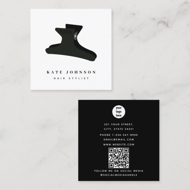Minimal Elegant Black White Hair Stylist Clip Square Business Card (Front/Back)