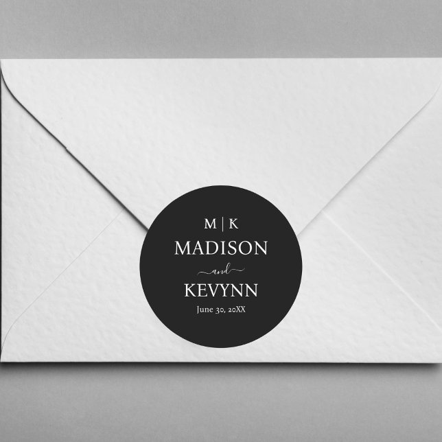 Minimal & Elegant Black & White Monogram Wedding Classic Round Sticker (Creator Uploaded)