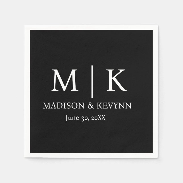 Minimal & Elegant Black & White Monogram Wedding Napkin (Front)