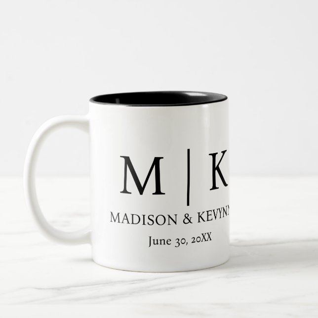 Minimal & Elegant Black & White Monogram Wedding Two-Tone Coffee Mug (Left)