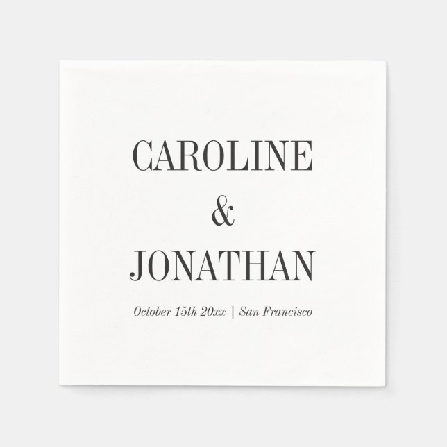 Minimal Elegant Black White Serif Wedding Names Napkin (Front)