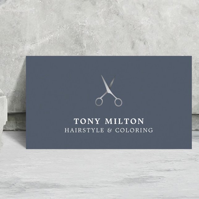 Minimal Elegant Blue Silver Scissors Hairstylist Business Card (Creator Uploaded)