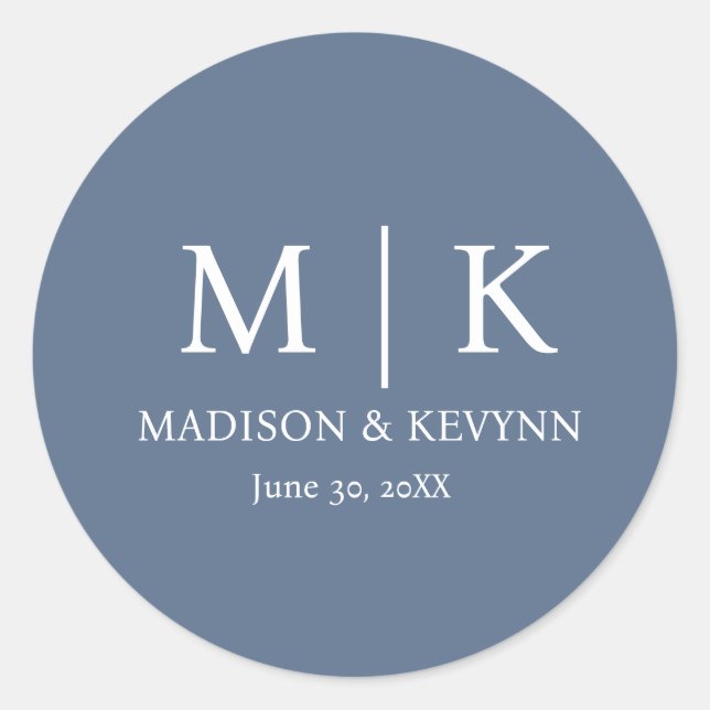 Minimal & Elegant Blue & White Monogram Wedding Classic Round Sticker (Front)