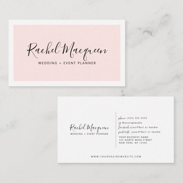 Minimal Elegant Blush Pink White Border Script Business Card (Front/Back)