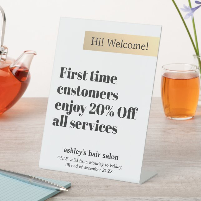 Minimal Elegant Bold Faux Gold Stripe Salon Offer Pedestal Sign (In SItu)