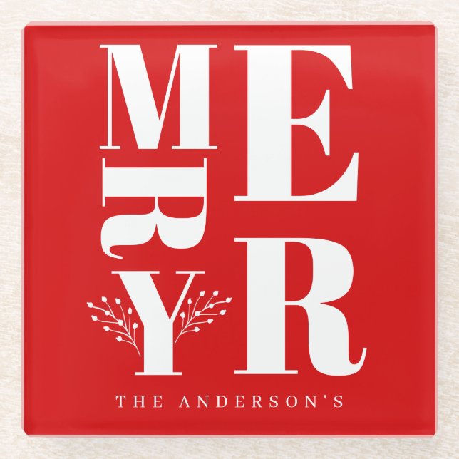 Minimal Elegant Bright Red White Merry Christmas Glass Coaster (Front)