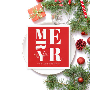 Minimal Elegant Bright Red White Merry Christmas Napkin