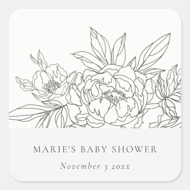 Minimal Elegant Brown Floral Sketch Baby Shower Square Sticker (Front)