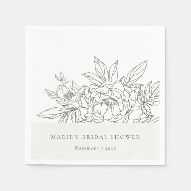 Minimal Elegant Brown Floral Sketch Bridal Shower Napkin (Front)